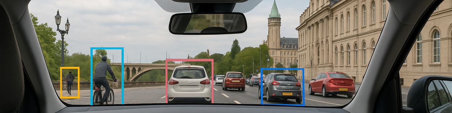 Vue depuis un vehicule autonome montrant des frames et la classification par de l'IA autour d'objets visible devant le véhicule.